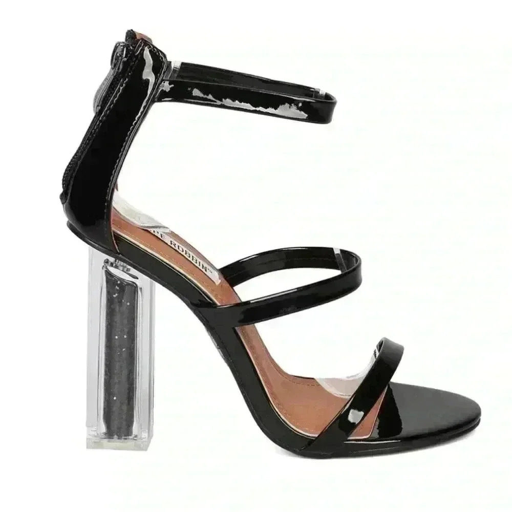 CAPE ROBBIN Maria black strappy glitter core block heel sandals